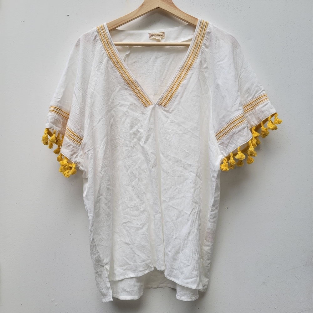 Hem & Thread 100% Cotton Mexican Peasant Top In Mustard  & Off White